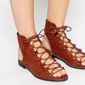 Free People Edgewater Lace Up Flat Sandals 38 brown 7.5 8